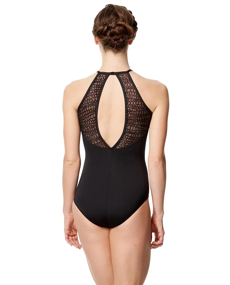 Women Flocked Mesh Halter Neck Leotard Gabi