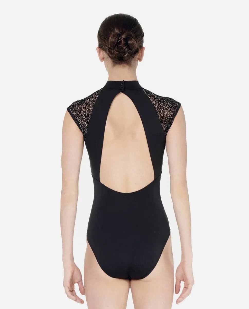 Mock Neck Flocked Mesh Leotard Leona